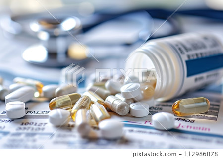 AI-generated content. Prescription bottle with various pills and capsules AI-generated content. Prescription bottle with various pills and capsules 112986078