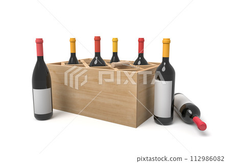 Wood box filled with wine bottles on white background Wood box filled with wine bottles on white background 112986082
