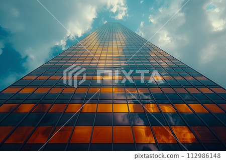 AI-generated content. Worm's-eye view of skyscraper with sunset 112986148