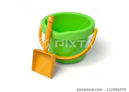 Green bucket with orange shovel, no shadow 112986470