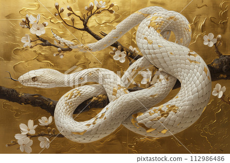 Illustration of a white snake on a golden background "AI generated image" 112986486