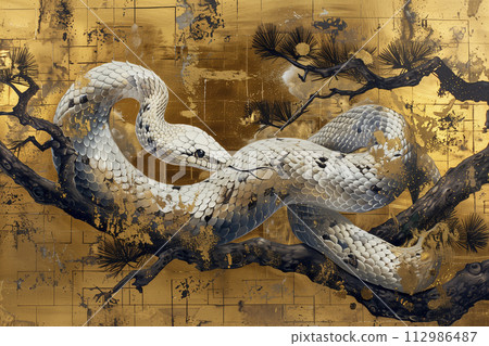 Illustration of a white snake on a golden background "AI generated image" 112986487