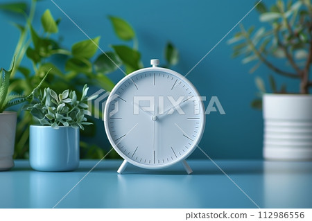 AI-generated content. Modern white table clock among green plants 112986556