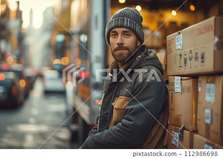 AI-generated content. Smiling delivery man with parcels in urban setting 112986698