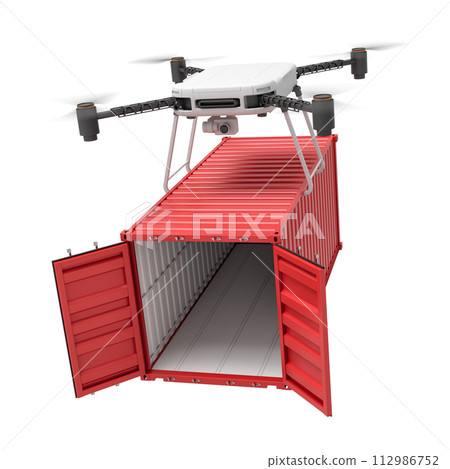 3d rendering of drone lifting opened red shipping container isolated on white background 3d rendering of drone lifting opened red shipping container isolated on white background 112986752