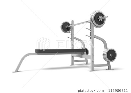Weight bench with barbell in gym setting Weight bench with barbell in gym setting 112986811