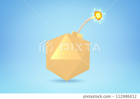 3d rendering of golden bomb shaped as icosahedron, with fuse burning, on light blue background. 3d rendering of golden bomb shaped as icosahedron, with fuse burning, on light blue background. 112986812