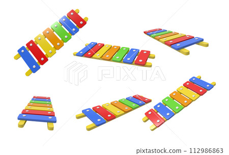 Colorful xylophone instruments laid out diagonally Colorful xylophone instruments laid out diagonally 112986863