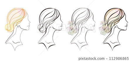 [白色背景] 4種變化的美女側面和線條藝術繪製的花朵 112986865