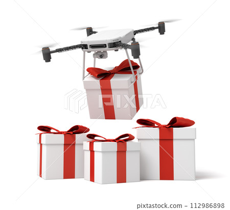 3d rendering of drone with camera delivering white present box 112986898