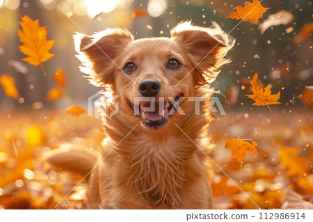 AI-generated content. Dog enjoying autumn leaves in nature AI-generated content. Dog enjoying autumn leaves in nature 112986914
