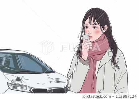 A woman who is in trouble because her car breaks down or has an accident calls by smartphone 112987124