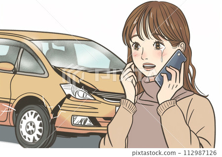 A woman who is in trouble because her car breaks down or has an accident calls by smartphone 112987126