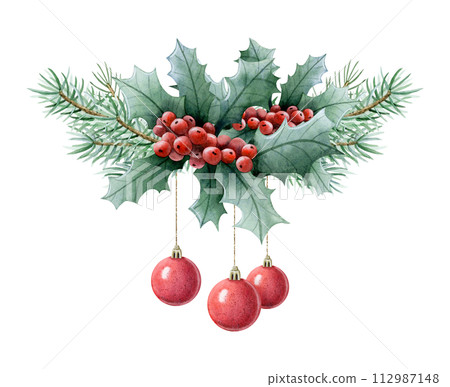 Christmas tree branches, holly red berries and hanging balls ornament watercolor illustration isolated on white. Winter holiday season symbol for greeting banner, card or New year party invitation 112987148