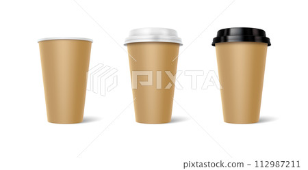 Mockup paper cups with lids 3d realistic illustration set Mockup paper cups with lids 3d realistic illustration set 112987211