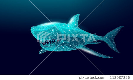 Ocean shark bottom view from below. Open toothy dangerous mouth with many teeth. Underwater blue sea waves clear water shark vector illustration 112987236