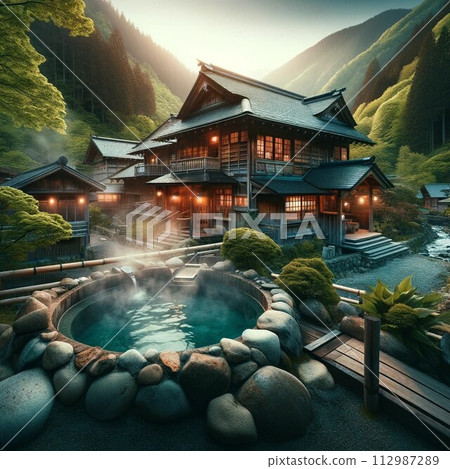 幽靜的溫泉旅館的露天浴池 幽靜的溫泉旅館的露天浴池 112987289