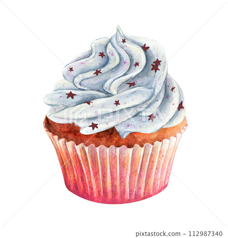 Cupcake muffin cream watercolor drawing vanilla star. Cake sweets tasty dessert illustration. Birthday party pastry aquarelle isolated white background. Delicious whipped butter cream confectionery 112987340