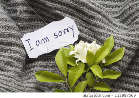 i am sorry message card handwriting with jasmine flowers on knitting wool scarf  112987569