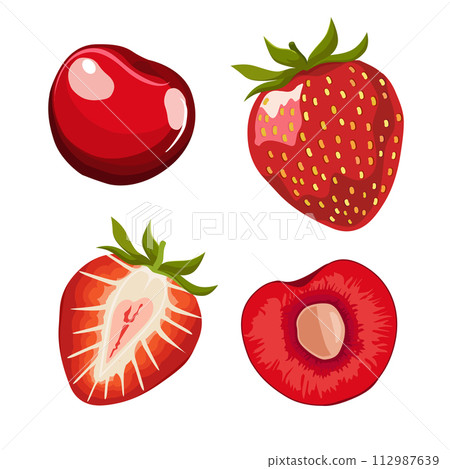 Set of red cherry and strawberry . Isolated vector half of berries in flat design Set of red cherry and strawberry . Isolated vector half of berries in flat design 112987639