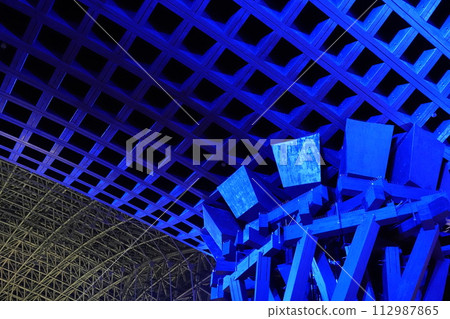 Detail of Kanazawa Station Tsuzumimon gate illuminated in blue Detail of Kanazawa Station Tsuzumimon gate illuminated in blue 112987865