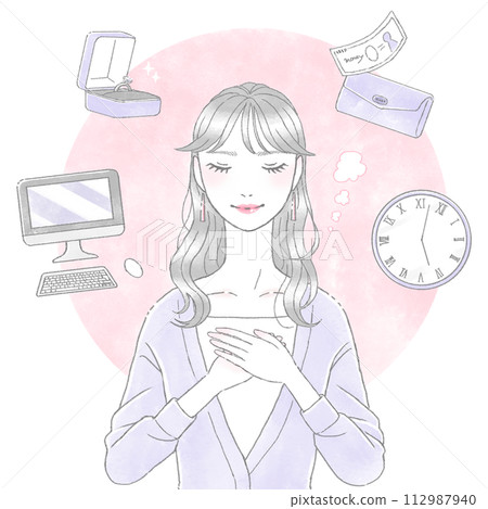 一個女人思考人生計劃，如金錢、工作、婚姻、時間等。 112987940