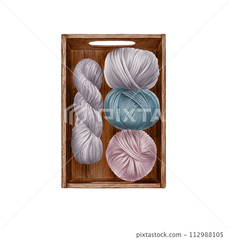 Skeins of yarn and a passel of yarn in a wooden crate. Top view.Watercolor. For flyers, social media, websites, knitting school, business cards. 112988105