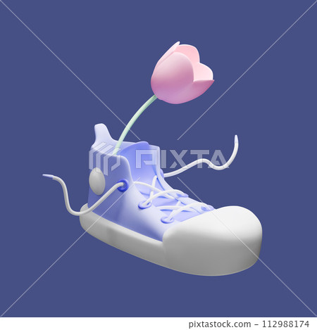 Stylized 3D render sneaker with tulip on a purple background. Vector illustration for design posters, social media of walking, shopping and selling. 112988174