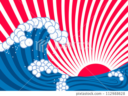日式波浪大抓旗風格插畫。日本海的圖像，旭日之國。-插圖素材