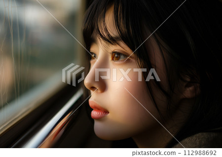 一個女人在火車上陷入沉思 112988692