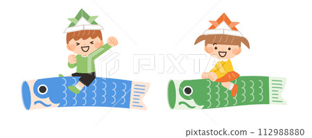 Illustration material of children riding a carp streamer 112988880