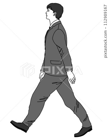 一位身穿西裝的男性上班族微微抬起頭走路的全長側身插圖 112989167