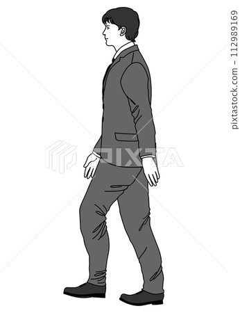 穿著西裝的男人一步走路的全身側身圖 穿著西裝的男人一步走路的全身側身圖 112989169