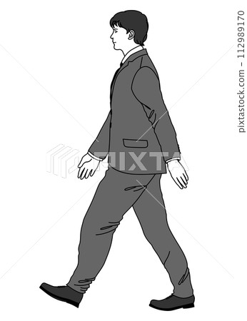 一名男性辦公室職員行走並揮舞雙手的全長側向插圖 一名男性辦公室職員行走並揮舞雙手的全長側向插圖 112989170