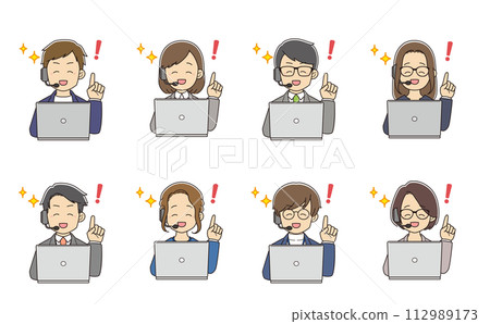 Young male and female operators with intercoms sitting in front of their computers, looking cheerful after solving a problem. 112989173