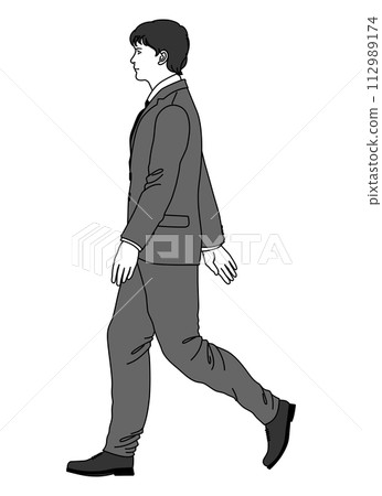 Full-body sideways illustration of a businessman walking and waving his hand 112989174