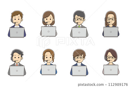 Young male and female operators with intercoms in front of computers 112989176