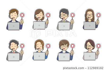 Young male and female operators wearing intercoms smiling and displaying a circle in front of a computer 112989182