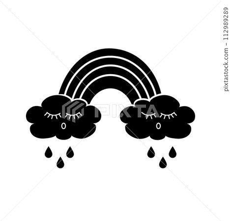Isolated illustration on white background, cute rainbow and sleeping clouds character with rain in black. Isolated illustration on white background, cute rainbow and sleeping clouds character with rain in black. 112989289