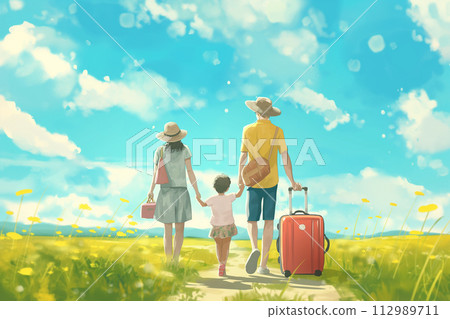 Rear view of a family going on a trip during summer vacation 112989711