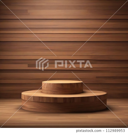 Wooden podium on the background of a wooden wall Wooden podium on the background of a wooden wall 112989953