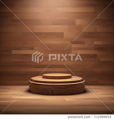 Wooden podium on wooden background. Abstract background 112989954