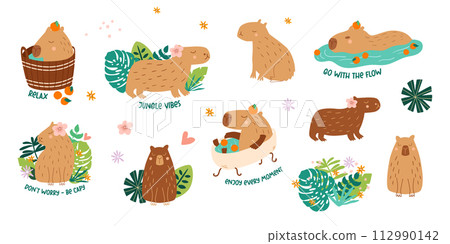 Capybara cartoon set. Funny capybara animal vector collection with positive phrases. Capybara cartoon set. Funny capybara animal vector collection with positive phrases. 112990142