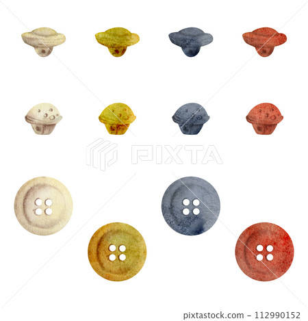 Hand drawn watercolor illustration sewing craft supplies. Plastic wooden flat round buttons fasteners. Set of objects isolated on white background. Design atelier, tailor, hobby shop, fashion boutique 112990152