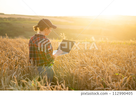 Woman farmer working with laptop on wheat field. Smart farming and digital agriculture Woman farmer working with laptop on wheat field. Smart farming and digital agriculture 112990405