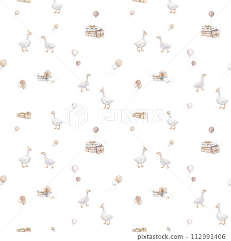 Pattern with Air Balloons and goose, gifs. Watercolor seamless background for Kids. Cute Print for childish textile design or wallpaper. Pastel Color Balloons. hand drawing illustration on isolated. Pattern with Air Balloons and goose, gifs. Watercolor seamless background for Kids. Cute Print for childish textile design or wallpaper. Pastel Color Balloons. hand drawing illustration on isolated. 112991406