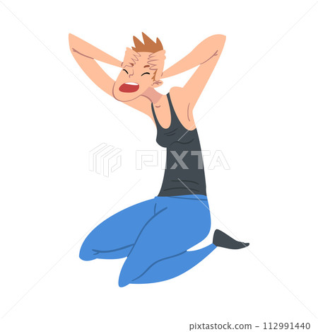 Panicked Man Sitting on the Floor Clutching Head with his Hands, Anxiety or Panic Attack, Stressed or Depressed Nervous Person Vector Illustration 112991440