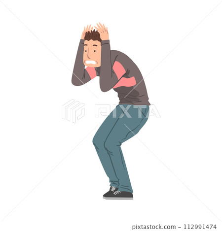 Scared and Panicked Young Man Holding Hands on Head, Anxiety or Panic Attack, Stressed or Depressed Nervous Person Vector Illustration 112991474