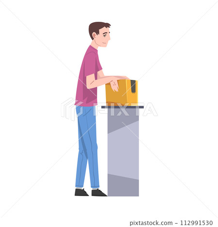 Man Standing at Table Checking Cardboard Box Preparing Goods For Dispatch, Guy Working with Parcels in Warehouse Cartoon Vector Illustration Man Standing at Table Checking Cardboard Box Preparing Goods For Dispatch, Guy Working with Parcels in Warehouse Cartoon Vector Illustration 112991530