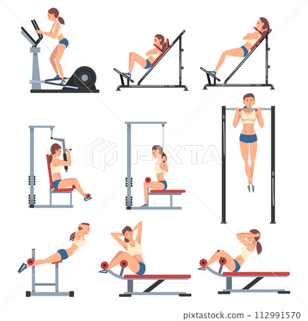 Young Woman Dressed in Sportswear Doing Fitness Training on Gym Machines Vector Illustrations Set Young Woman Dressed in Sportswear Doing Fitness Training on Gym Machines Vector Illustrations Set 112991570